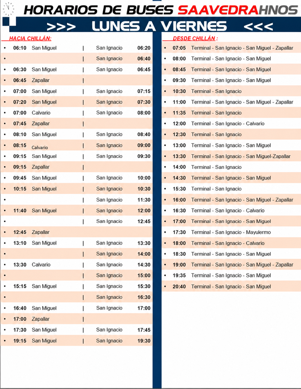 Nuevo Horario a partir del día Lunes 14 de Septiembre